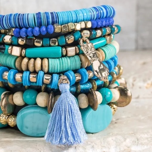 SOLD OUT Multi Layer Turquoise Charm Beaded Wood Metal Gold Bead Stretch - Picture 2 of 7